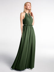 Keyhole Neckline Open Back Chiffon Maxi Dress Olive Green
