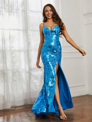 Sequin Applique Sheath Dress With Slit Ocean Blue