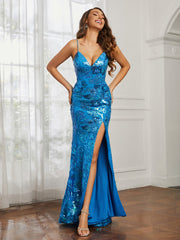 Sequin Applique Sheath Dress With Slit Ocean Blue Plus Size