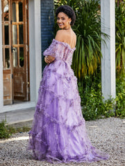 Off shoulder Half Sleeve Ruched Tulle Dress Lilac Plus Size