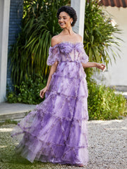 Off shoulder Half Sleeve Ruched Tulle Dress Lilac Plus Size