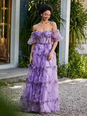 Off shoulder Half Sleeve Ruched Tulle Dress Lilac Plus Size