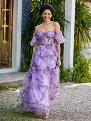 Off shoulder Half Sleeve Ruched Tulle Dress Lilac Plus Size
