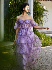 Off shoulder Half Sleeve Ruched Tulle Dress Lilac Plus Size