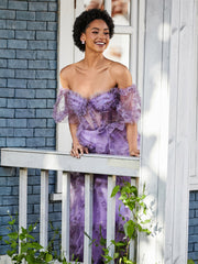 Off shoulder Half Sleeve Ruched Tulle Dress Lilac Plus Size