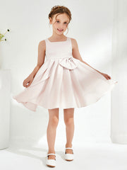 Cute Square Pleated Knee-Length Girl's Dress with Bow Rose Petal