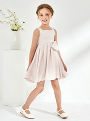 Cute Square Pleated Knee-Length Girl's Dress with Bow Rose Petal