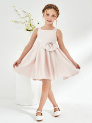 Cute Square Pleated Knee-Length Girl's Dress with Bow Rose Petal