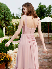 Square Neckline Ruched Chiffon Floor-length Dress Dusty Rose