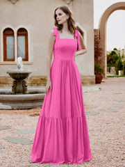 Square Neckline Ruched Chiffon Floor-length Dress Azalea
