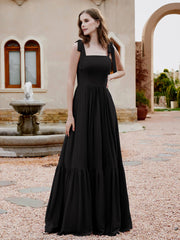 Square Neckline Ruched Chiffon Floor-length Dress Black