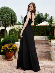 Square Neckline Ruched Chiffon Floor-length Dress Black