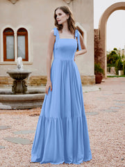 Square Neckline Ruched Chiffon Floor-length Dress Blue
