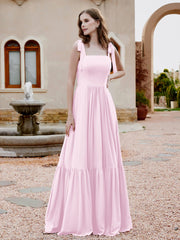 Square Neckline Ruched Chiffon Floor-length Dress Blushing Pink