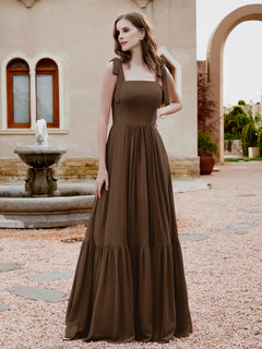 Square Neckline Ruched Chiffon Floor-length Dress Brown