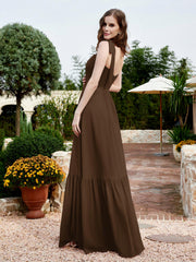 Square Neckline Ruched Chiffon Floor-length Dress Brown