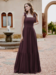 Square Neckline Ruched Chiffon Floor-length Dress Cabernet