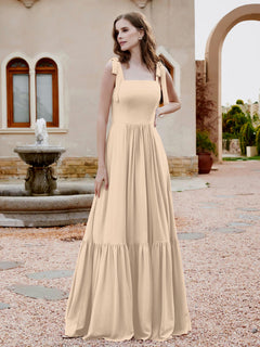Square Neckline Ruched Chiffon Floor-length Dress Champagne