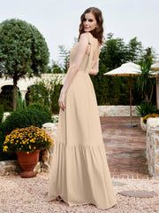 Square Neckline Ruched Chiffon Floor-length Dress Champagne