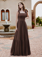 Square Neckline Ruched Chiffon Floor-length Dress Chocolate