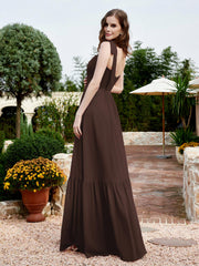 Square Neckline Ruched Chiffon Floor-length Dress Chocolate