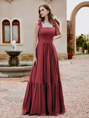 Square Neckline Ruched Chiffon Floor-length Dress Cinnamon Rose
