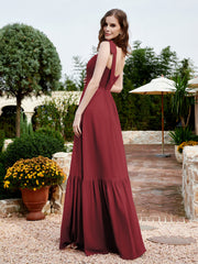 Square Neckline Ruched Chiffon Floor-length Dress Cinnamon Rose