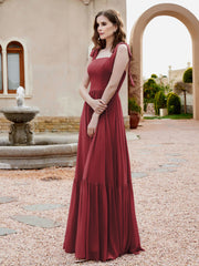Square Neckline Ruched Chiffon Floor-length Dress Cinnamon Rose