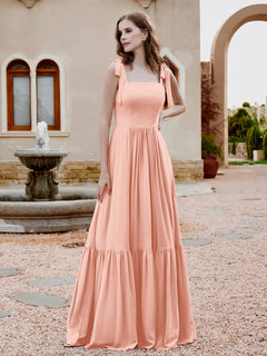 Square Neckline Ruched Chiffon Floor-length Dress Coral