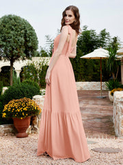 Square Neckline Ruched Chiffon Floor-length Dress Coral