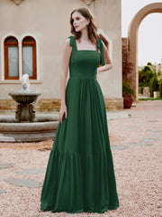 Square Neckline Ruched Chiffon Floor-length Dress Dark Green