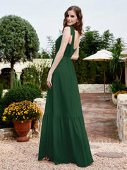 Square Neckline Ruched Chiffon Floor-length Dress Dark Green