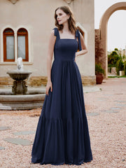 Square Neckline Ruched Chiffon Floor-length Dress Dark Navy