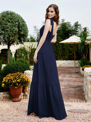 Square Neckline Ruched Chiffon Floor-length Dress Dark Navy