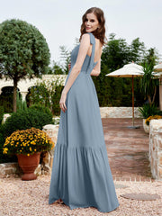 Square Neckline Ruched Chiffon Floor-length Dress Dusty Blue