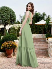Square Neckline Ruched Chiffon Floor-length Dress Dusty Sage