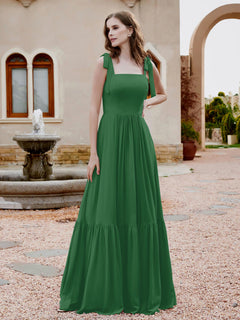 Square Neckline Ruched Chiffon Floor-length Dress Emerald