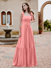 Square Neckline Ruched Chiffon Floor-length Dress Flamingo