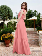 Square Neckline Ruched Chiffon Floor-length Dress Flamingo