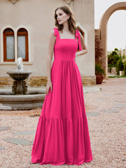 Square Neckline Ruched Chiffon Floor-length Dress Fuchsia