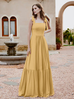 Square Neckline Ruched Chiffon Floor-length Dress Gold