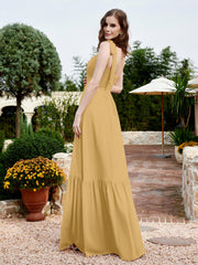 Square Neckline Ruched Chiffon Floor-length Dress Gold