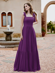 Square Neckline Ruched Chiffon Floor-length Dress Grape