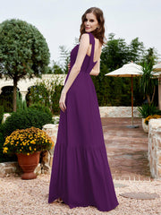 Square Neckline Ruched Chiffon Floor-length Dress Grape
