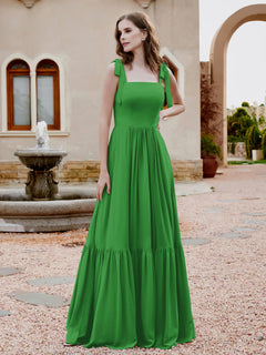 Square Neckline Ruched Chiffon Floor-length Dress Green