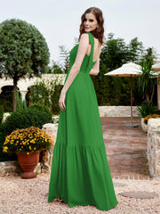 Square Neckline Ruched Chiffon Floor-length Dress Green