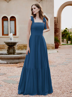 Square Neckline Ruched Chiffon Floor-length Dress Ink Blue