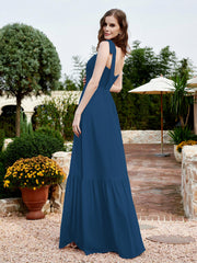 Square Neckline Ruched Chiffon Floor-length Dress Ink Blue