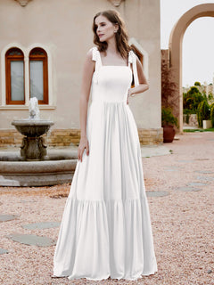 Square Neckline Ruched Chiffon Floor-length Dress Ivory