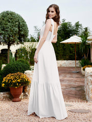 Square Neckline Ruched Chiffon Floor-length Dress Ivory